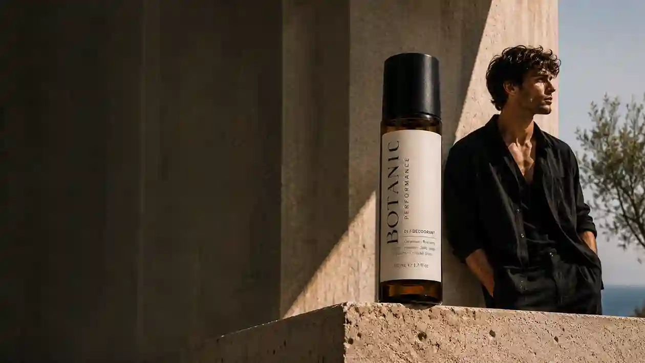 Botanic Performance 01 / Deodorant on a travertine ledge in late afternoon light