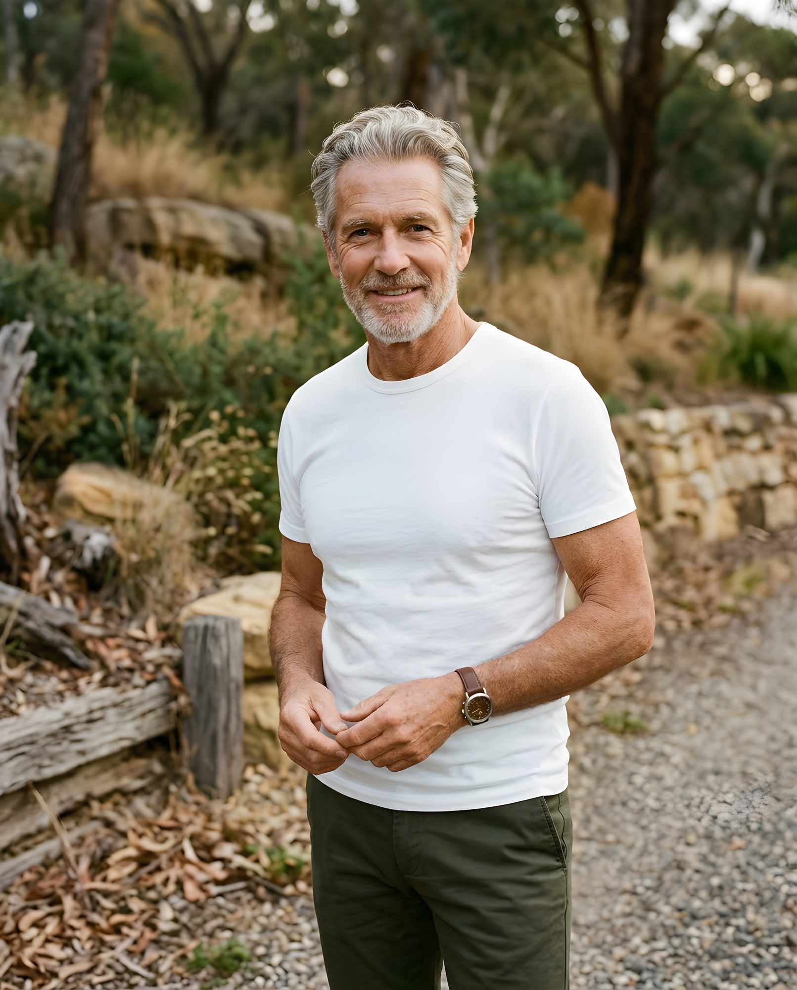 Smiling older man in a plain white crew-neck T-shirt and olive chinos standing on a gravel garden path