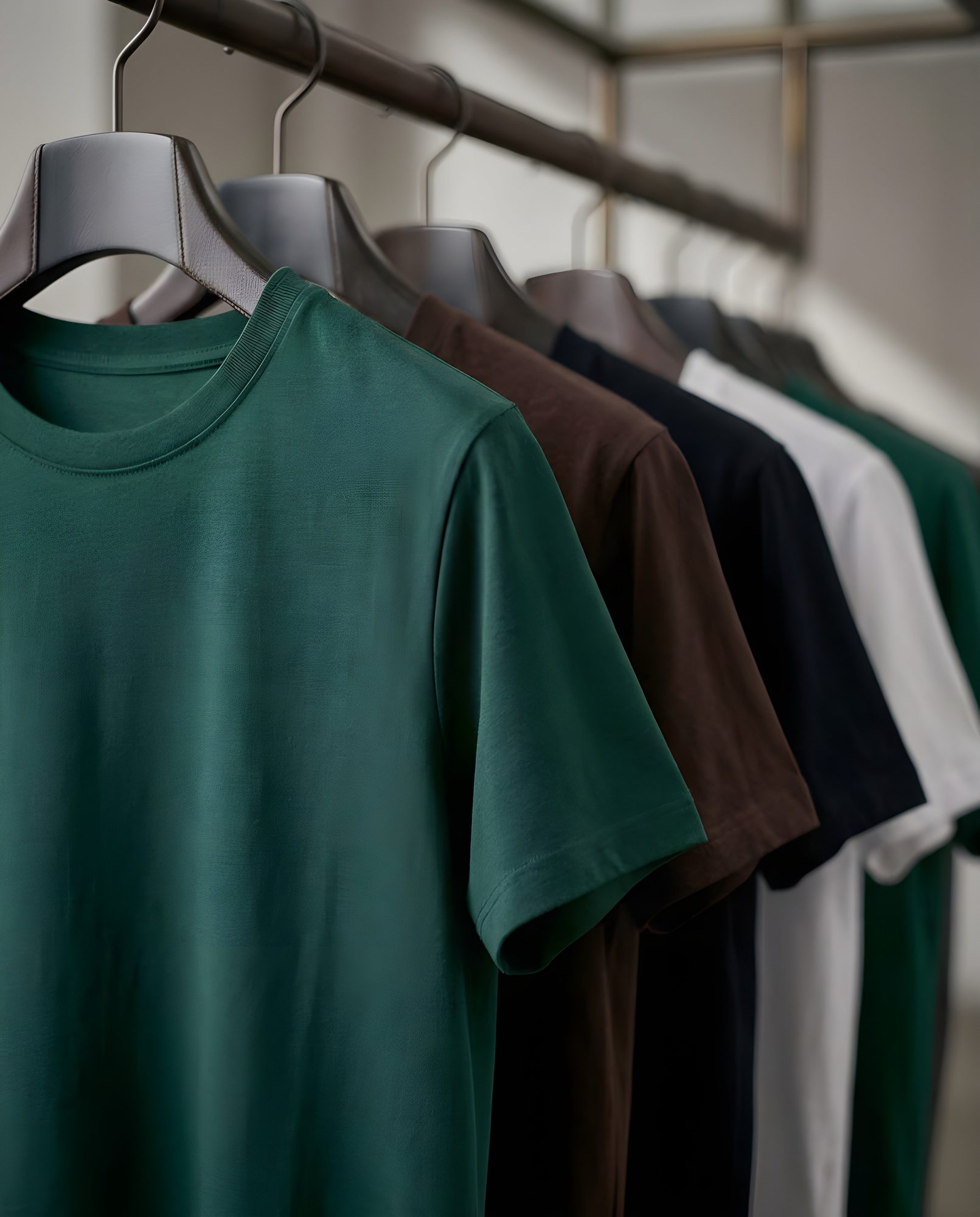 Row of plain crew-neck T-shirts in green, brown, black and white hanging on a clothing rail