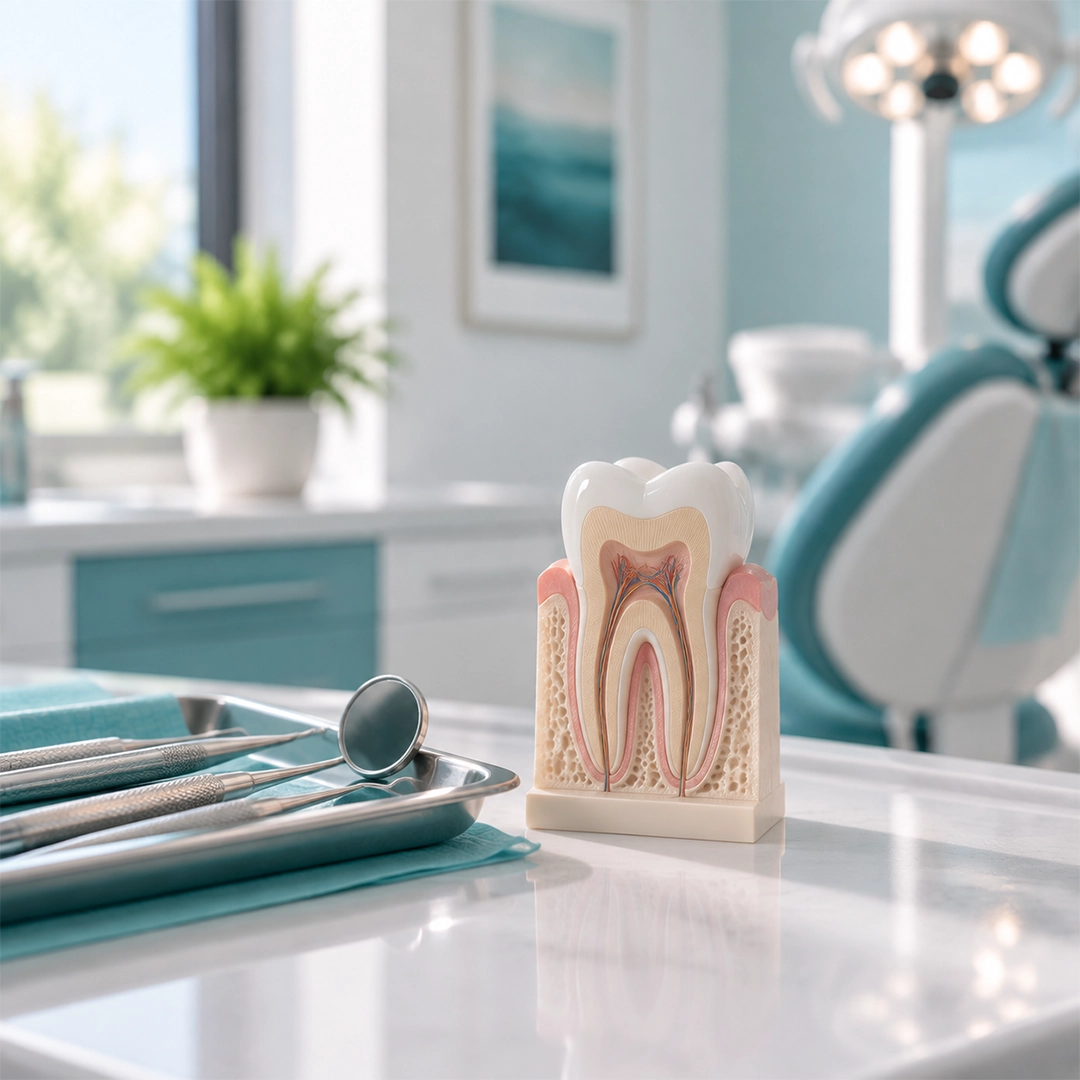 Cross section tooth anatomy model showing root canal structure and dental tools