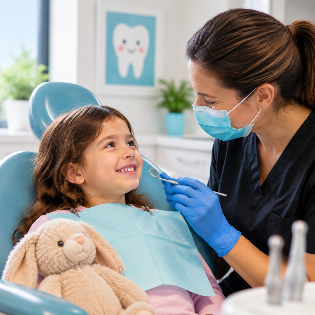 Child receiving a gentle dental checkup from a dentist in a modern pediatric dental clinic