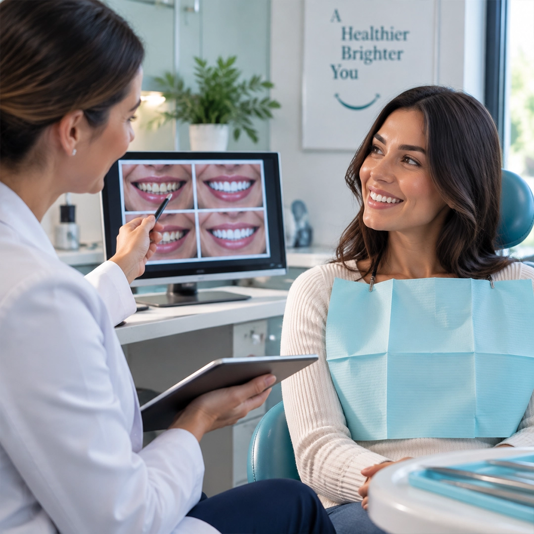 Dentist discussing cosmetic dentistry options with a patient during a smile consultation