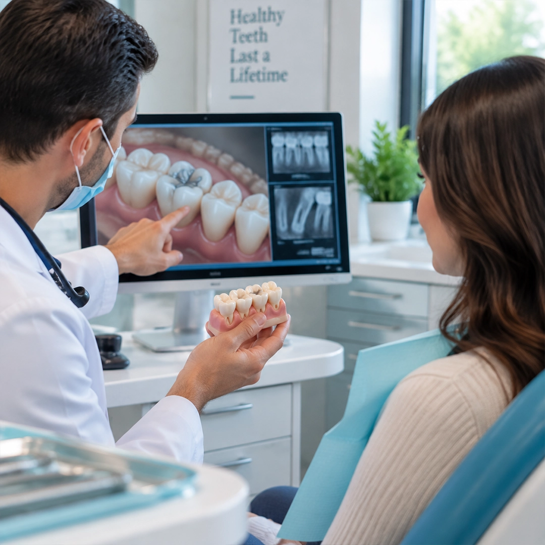 Dentist evaluating back teeth condition as part of a cosmetic treatment plan