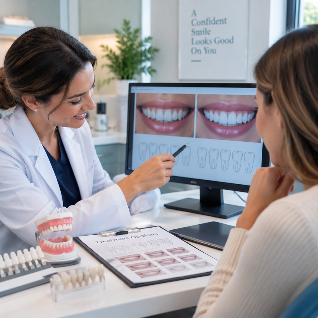 Dentist planning cosmetic dental treatment options with a patient before a smile restoration procedure