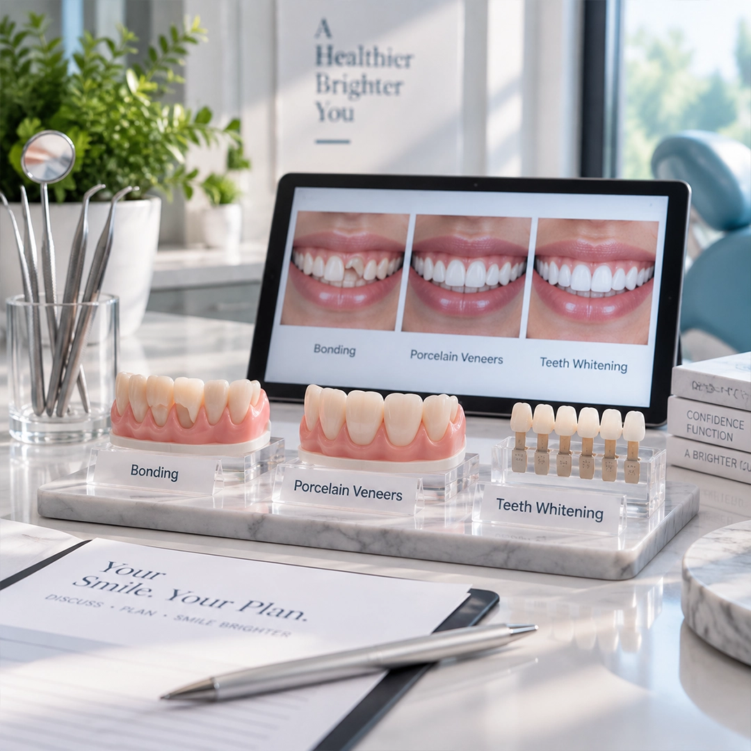 Dental bonding, porcelain veneers, and teeth whitening treatment options displayed in a modern dental clinic