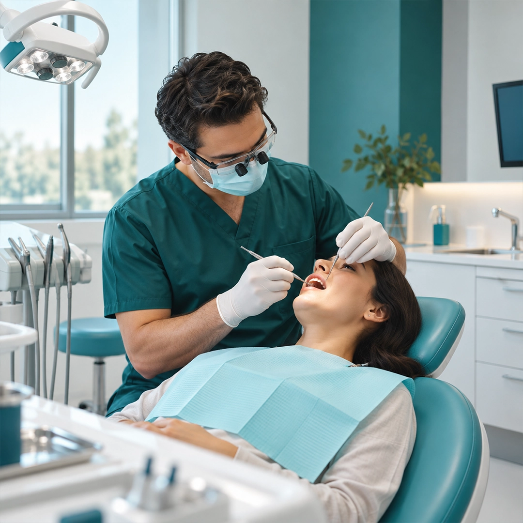 Dentist providing emergency dental treatment to a patient in a modern dental clinic