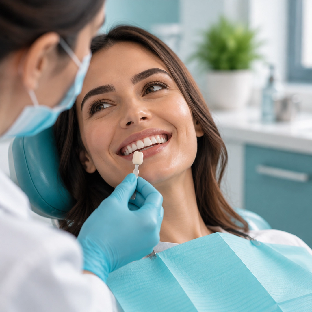 Custom dental crown and bridge restoration models on a tray at a Cayuga dental clinic