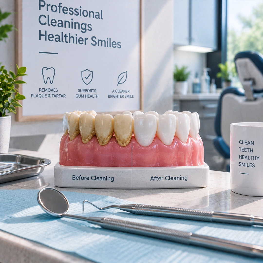 Close-up of professional teeth cleaning removing plaque and tartar with dental instruments