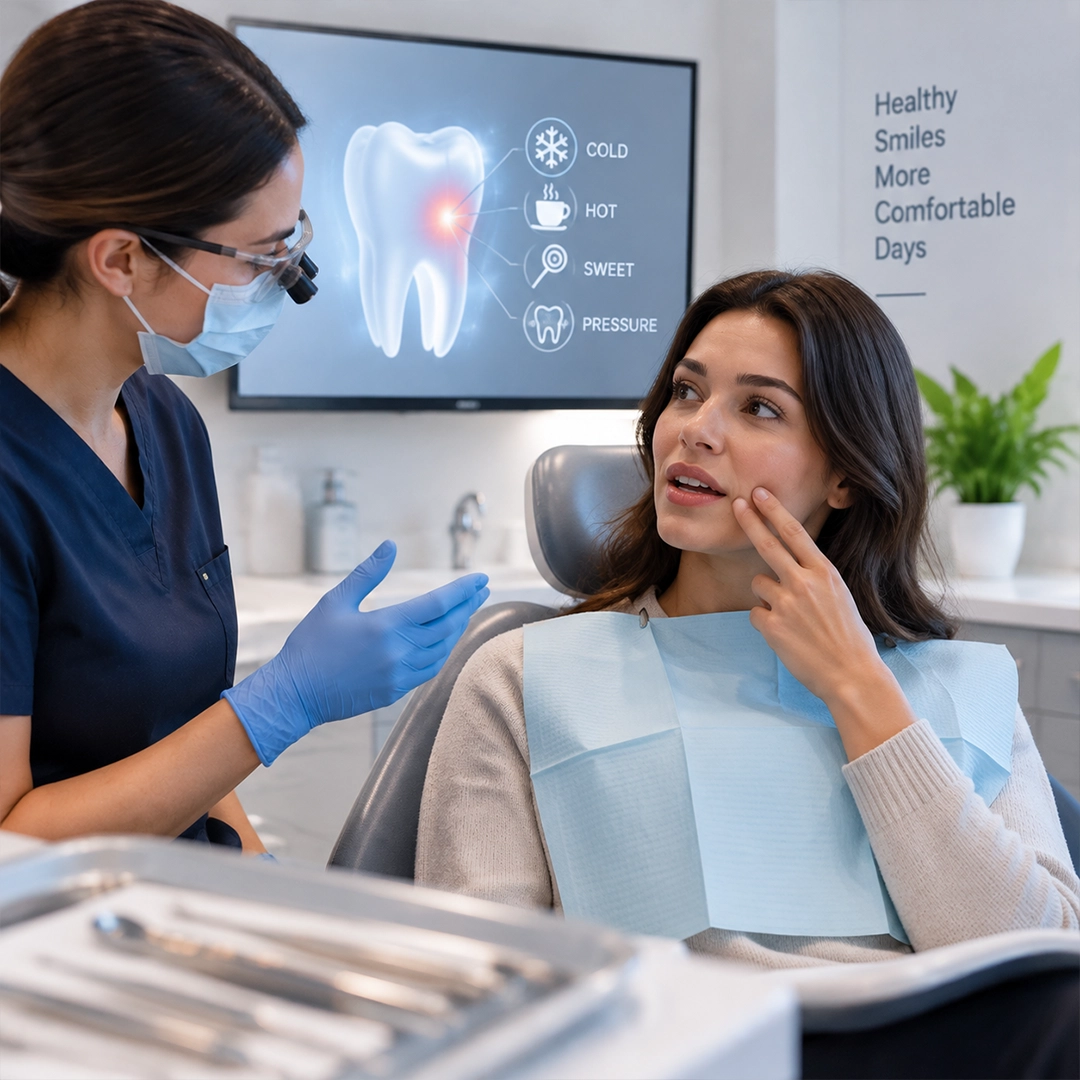 Hygienist talking with a patient about sensitive teeth before a cleaning