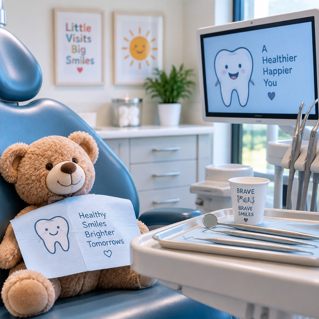 Dentist explaining dental tools to a child at their first visit in Cayuga