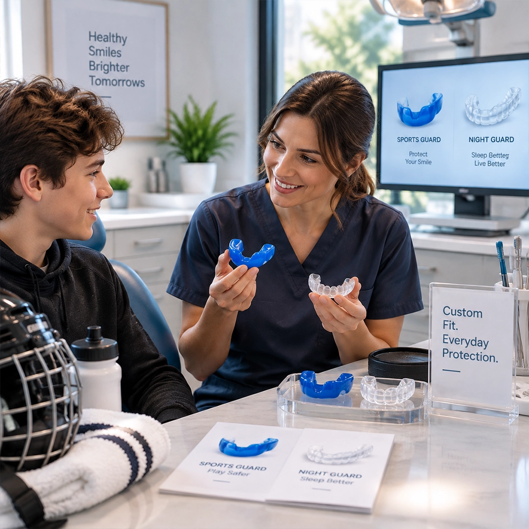 Dentist fitting a custom mouth guard during a consultation at Family Dental Care Cayuga