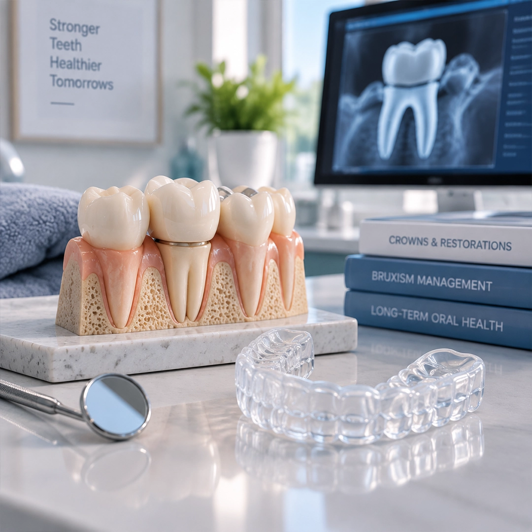 Night guard protecting crowns and existing dental work from grinding forces