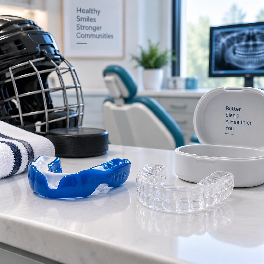 Custom sports guards and night guards displayed at a Cayuga dental office
