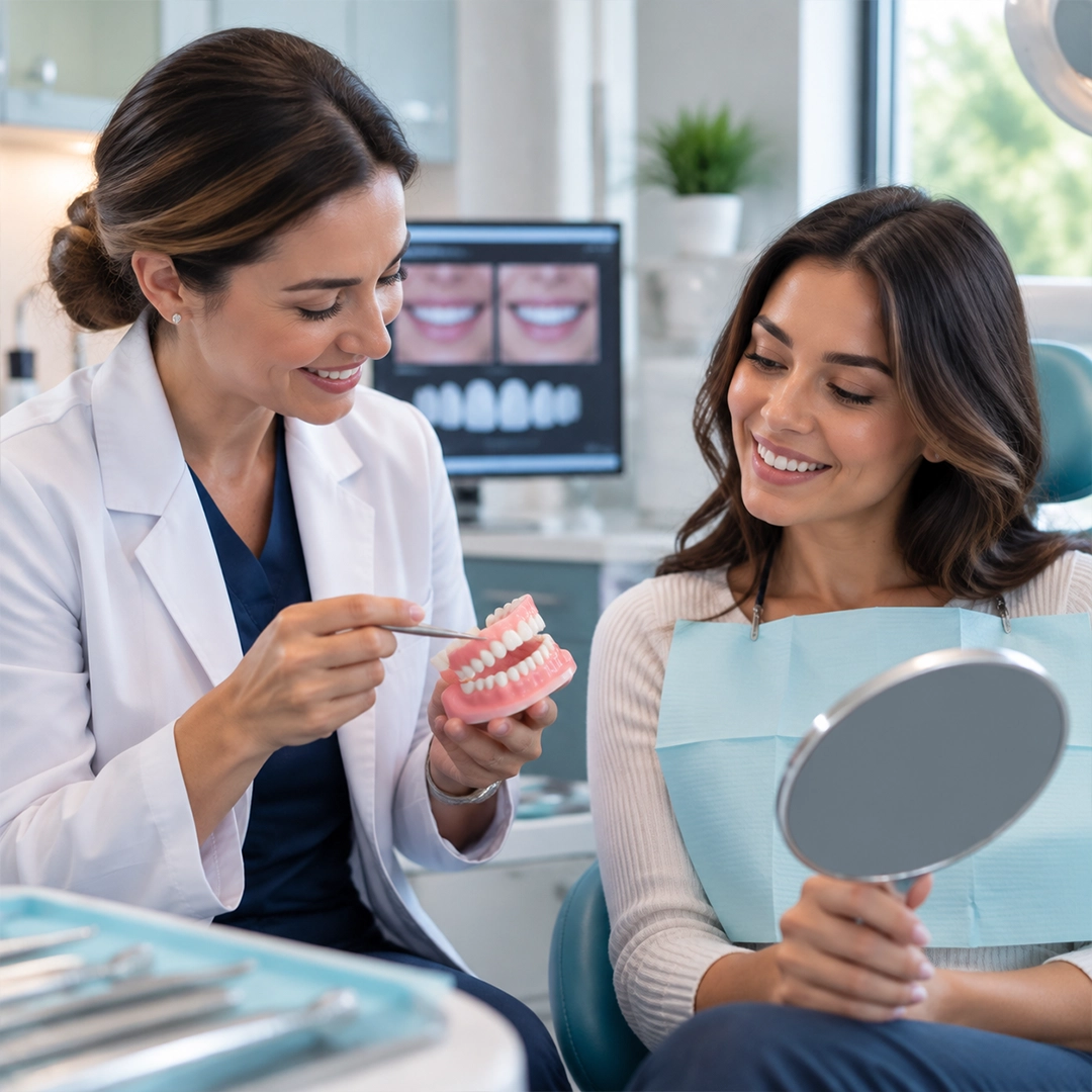 Patient viewing smile restoration results in a mirror during a cosmetic dentistry consultation