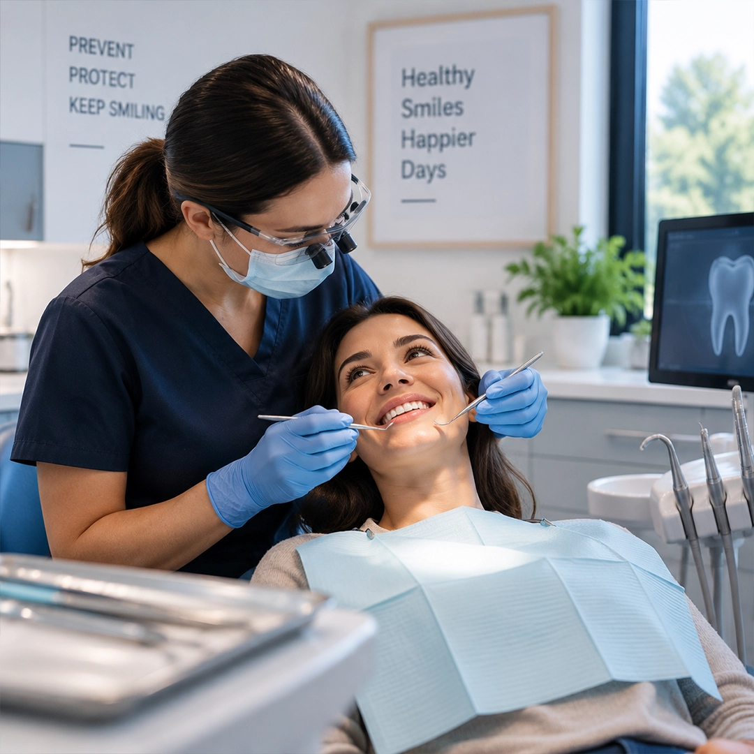 Dental hygienist performing a routine check-up and teeth cleaning in Cayuga