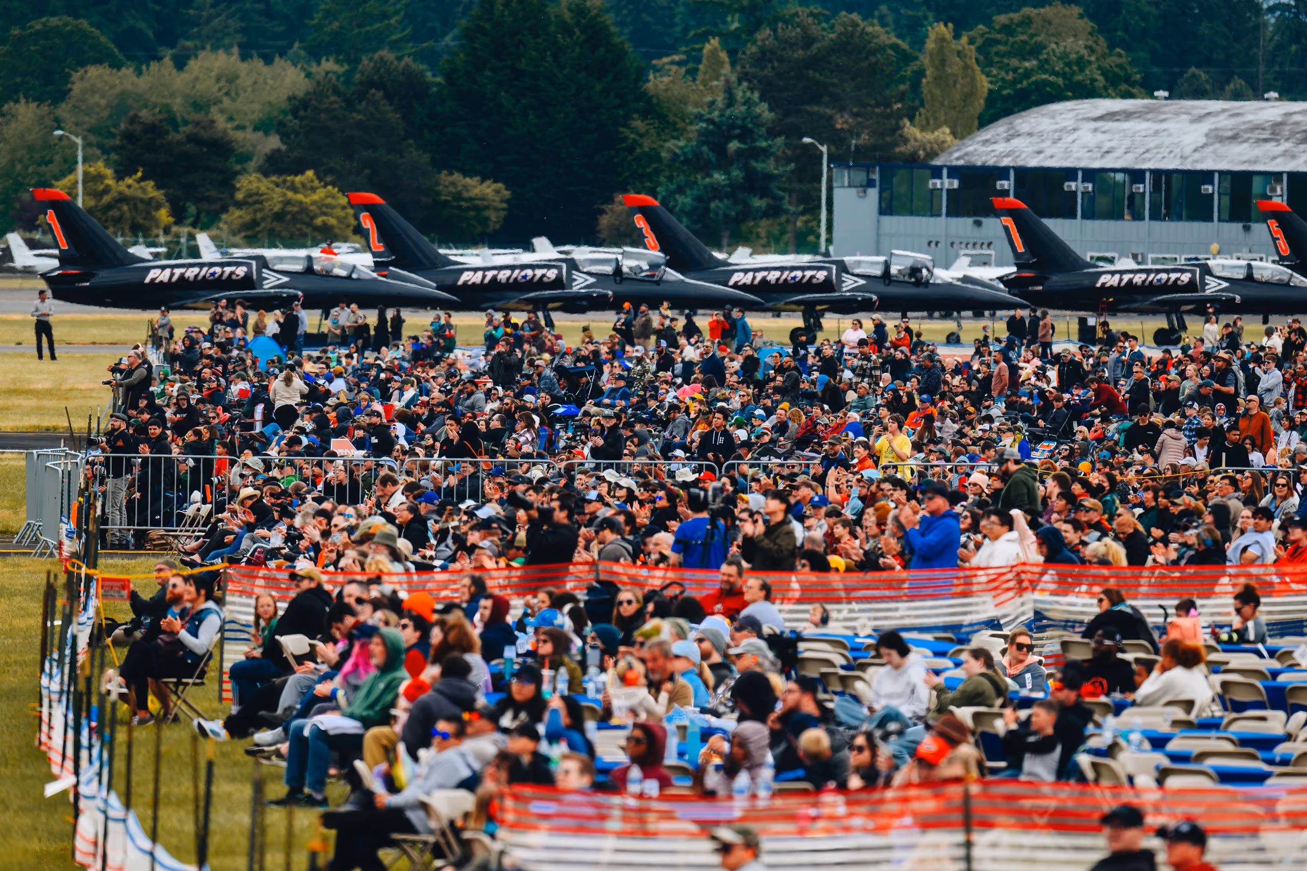 large crowd of people with jets in background