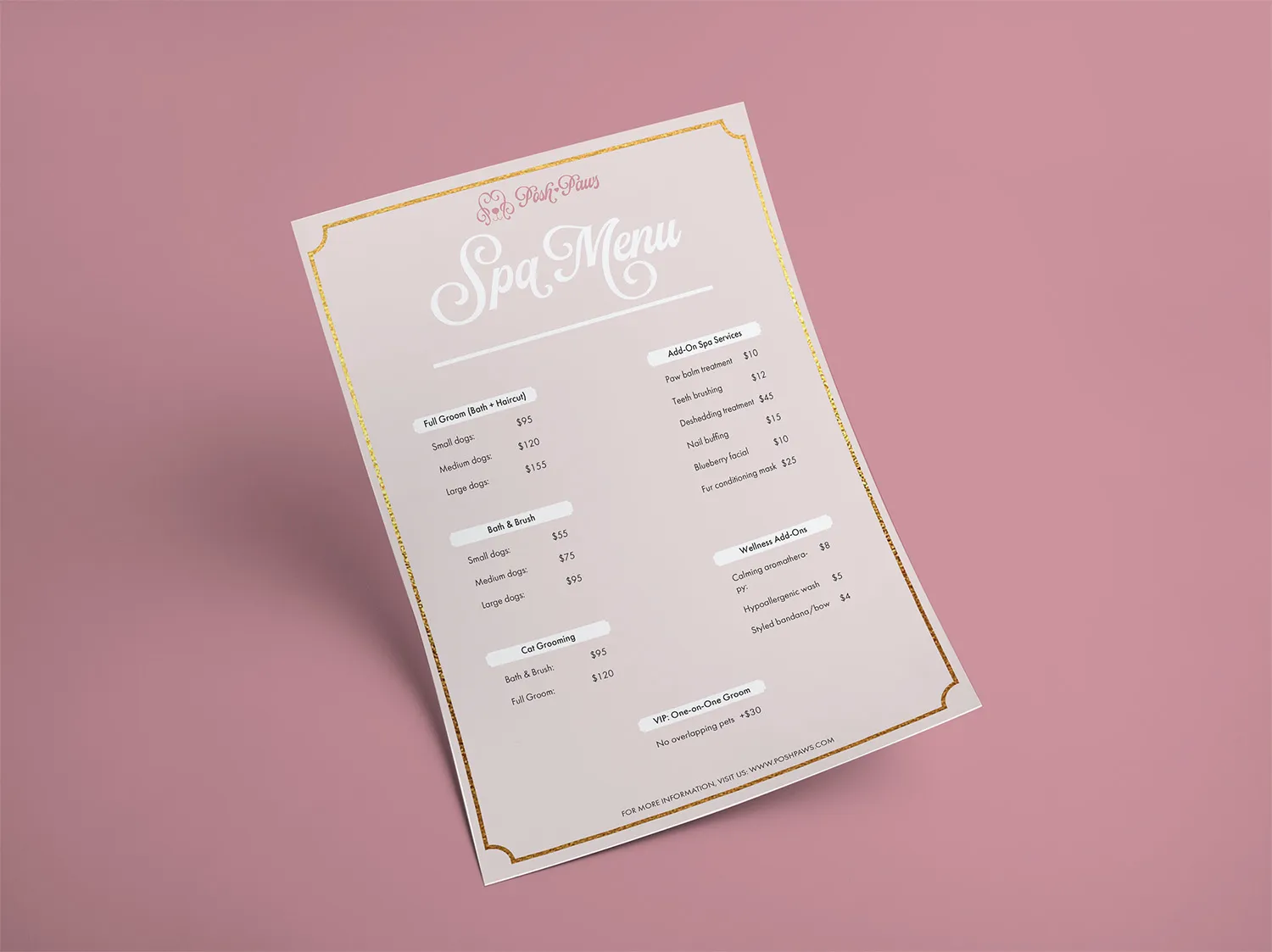 Posh Paws service menu mockup