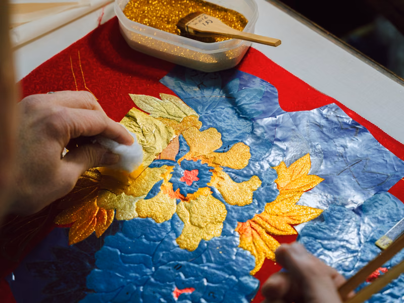 Gold-leaf kimono craftsmanship by artisan Nob Miyake, Kyoto