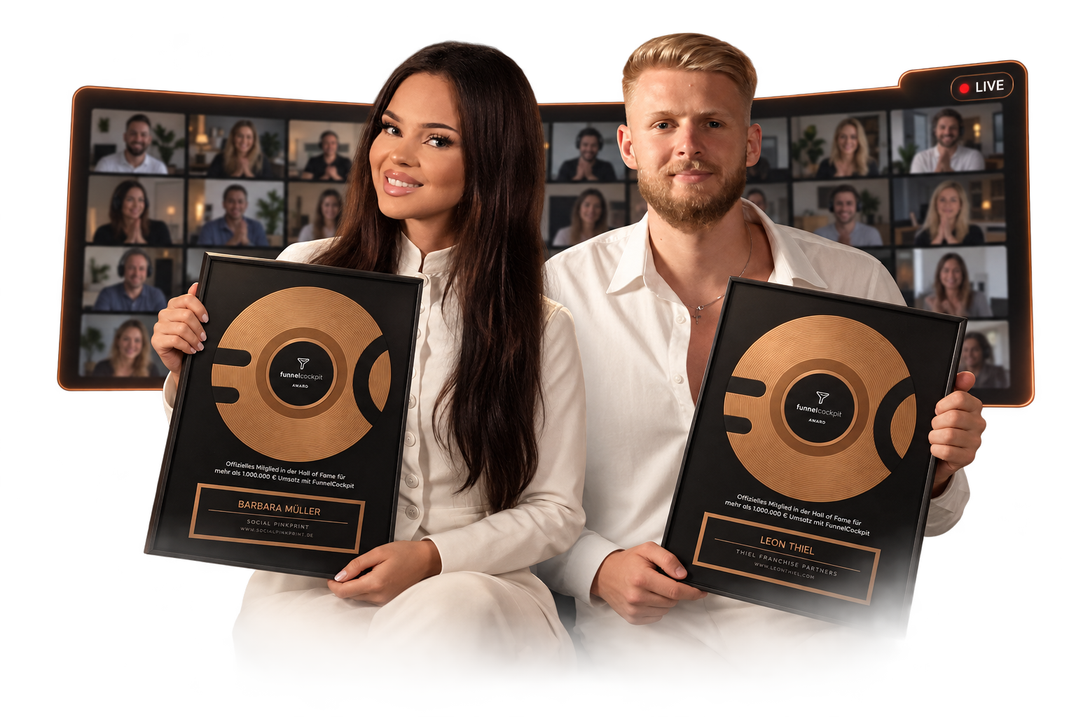 Barbie & Leon mit ihren FunnelCockpit 1-Mio-Awards, live im Call
