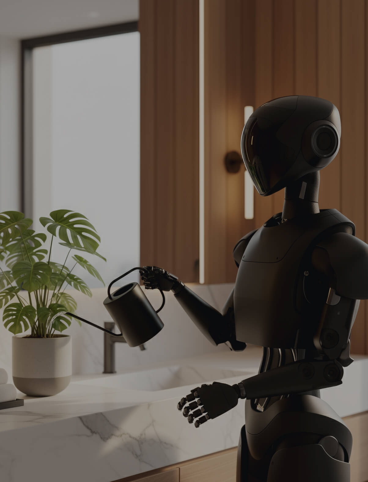 Black humanoid robot watering a potted plant on a kitchen counter under a window.