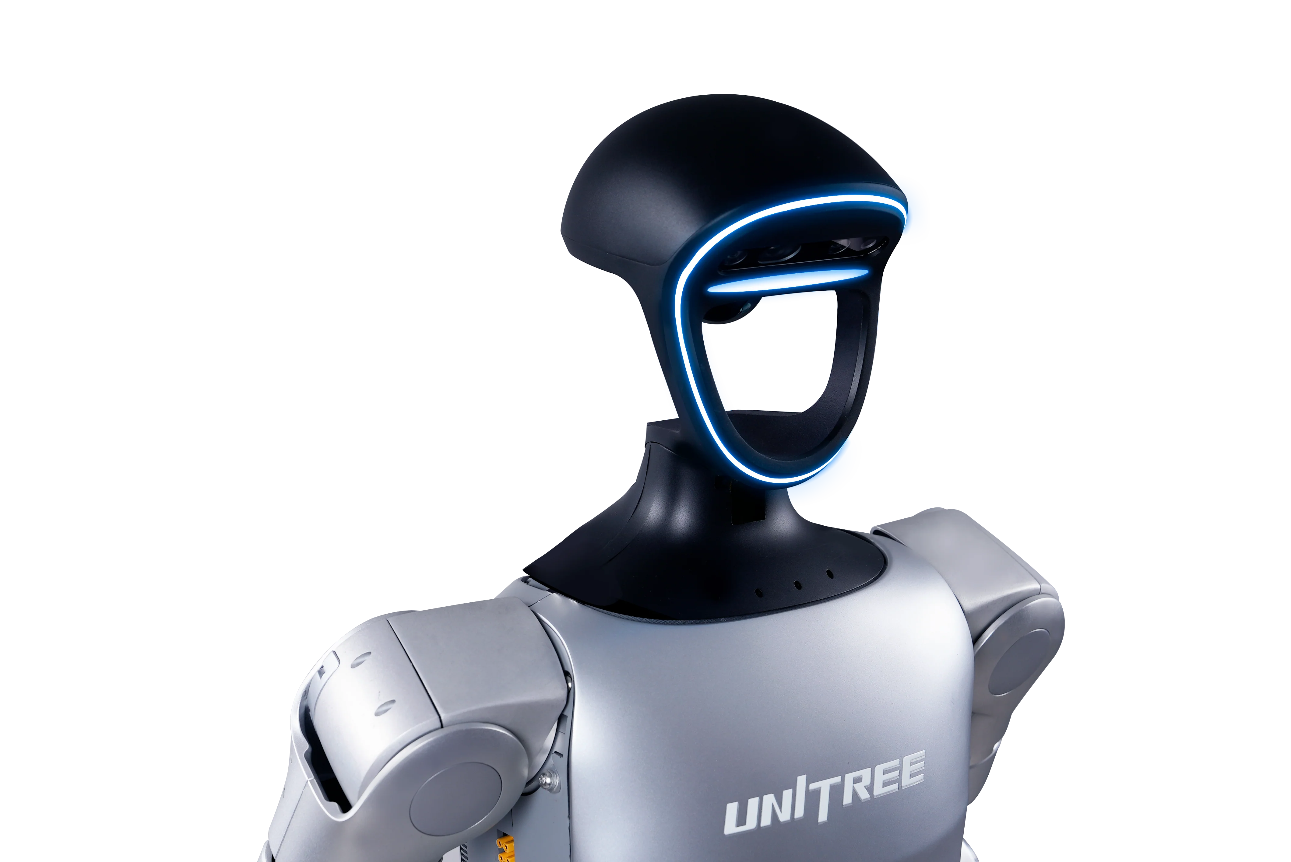 Silver and black robot torso with a helmet-like head and blue glowing outline around face area.