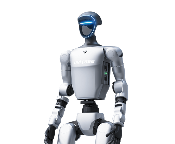 Silver humanoid robot with glowing blue visor and UNITREE logo on chest.