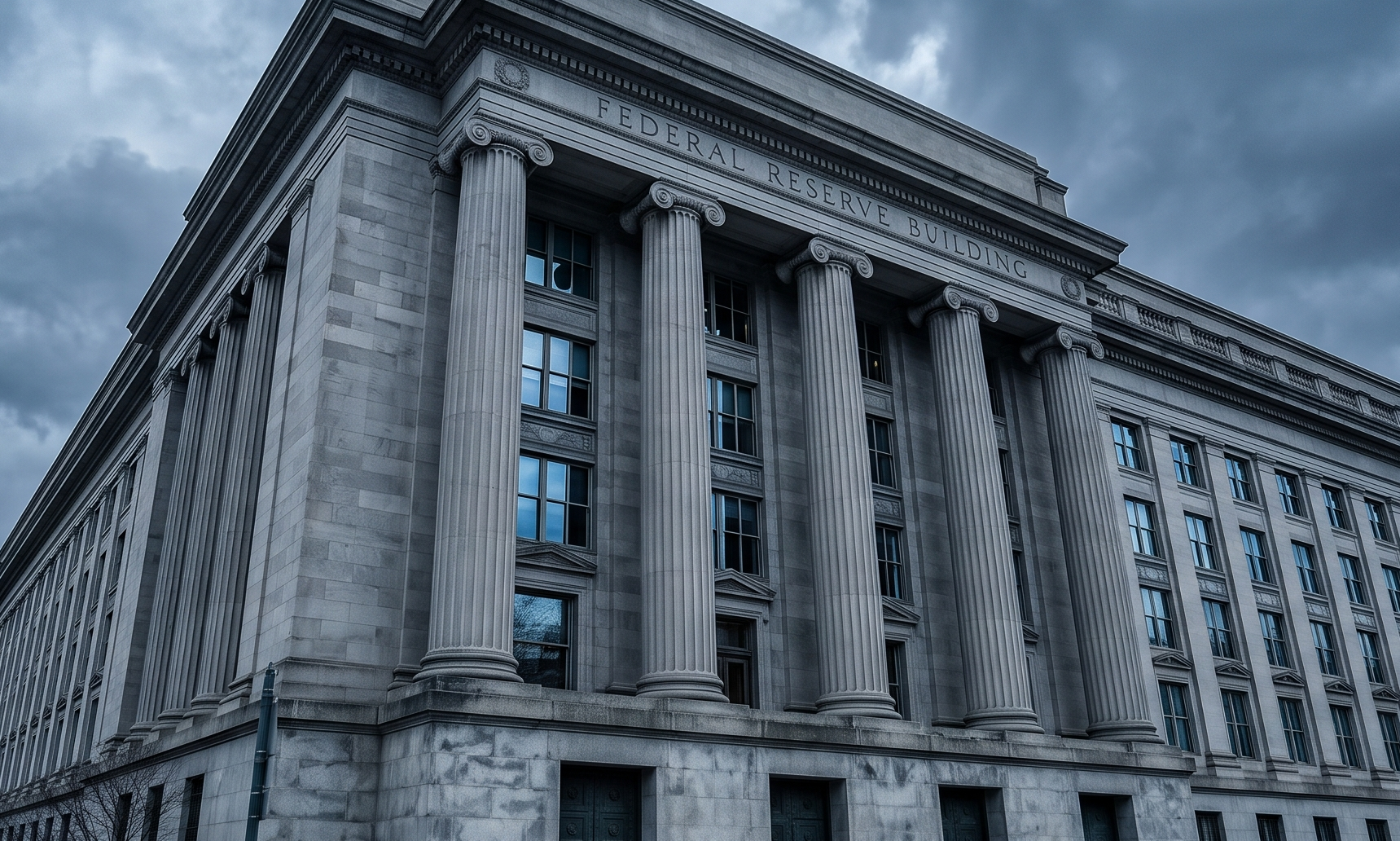 Federal regulatory building exterior under cloudy sky