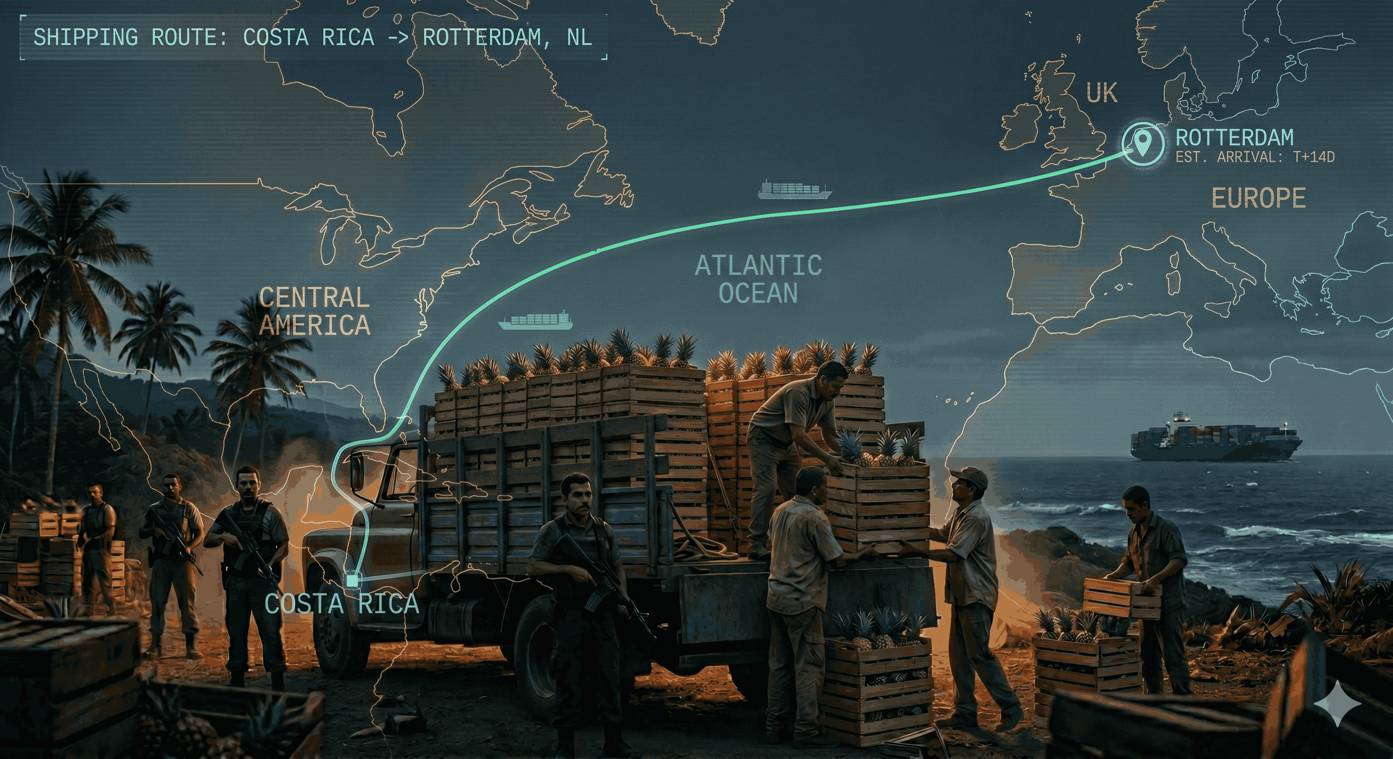 Shipping containers and cargo at a port with a world map overlay