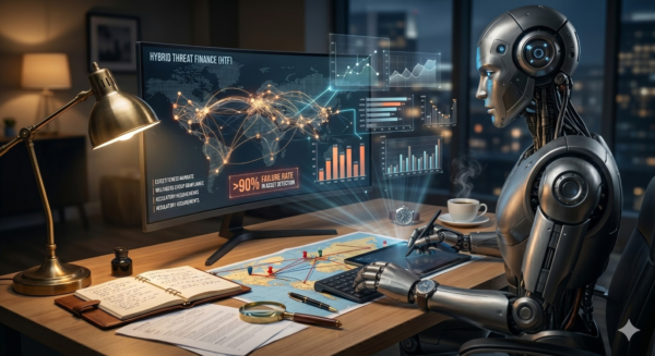 Illustration of a robot analyst at a desk with financial data screens