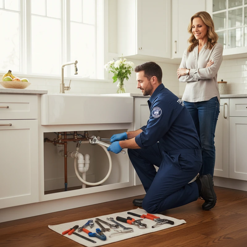Residential plumber working beneath a kitchen sink