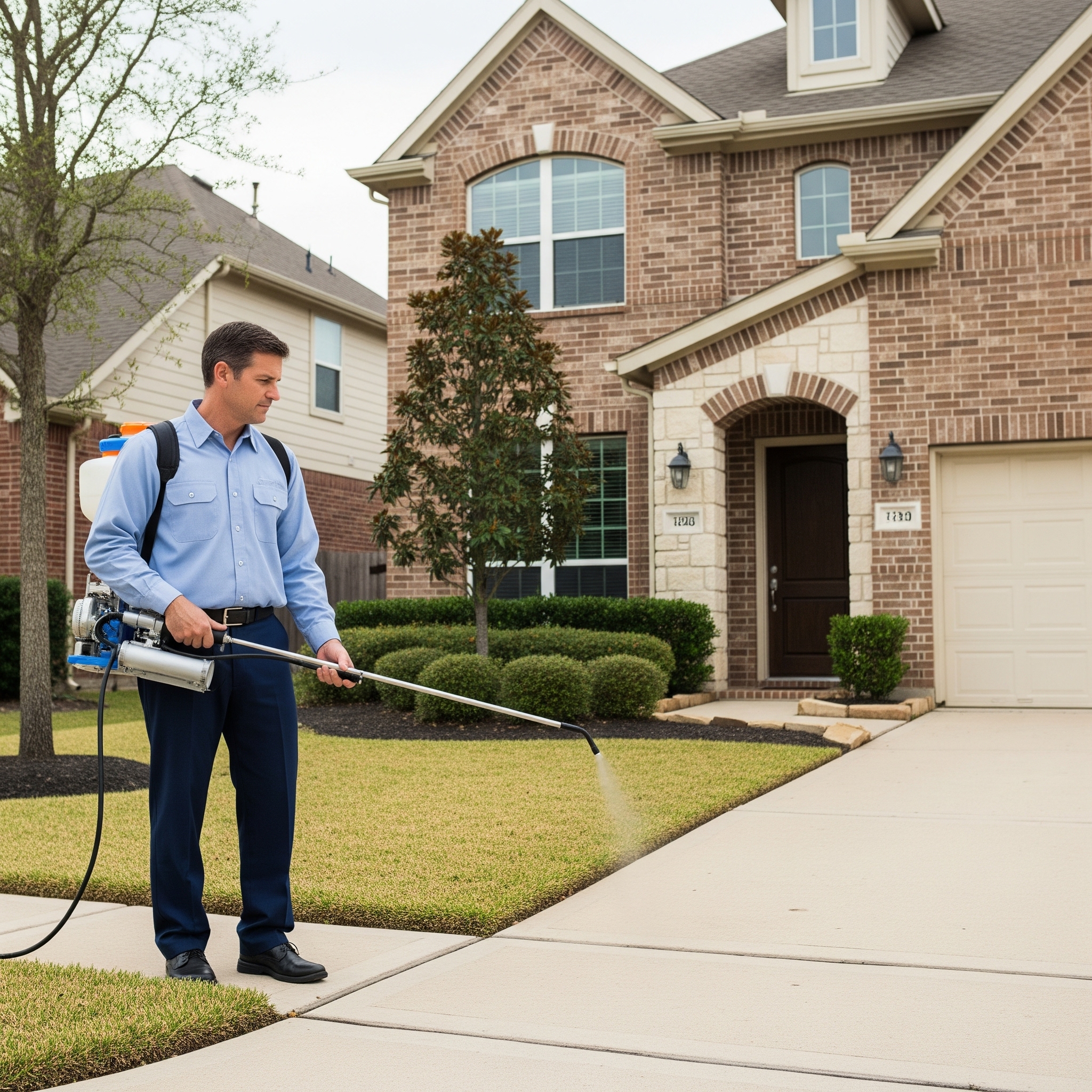 Pest control technician treating the exterior of a residential home