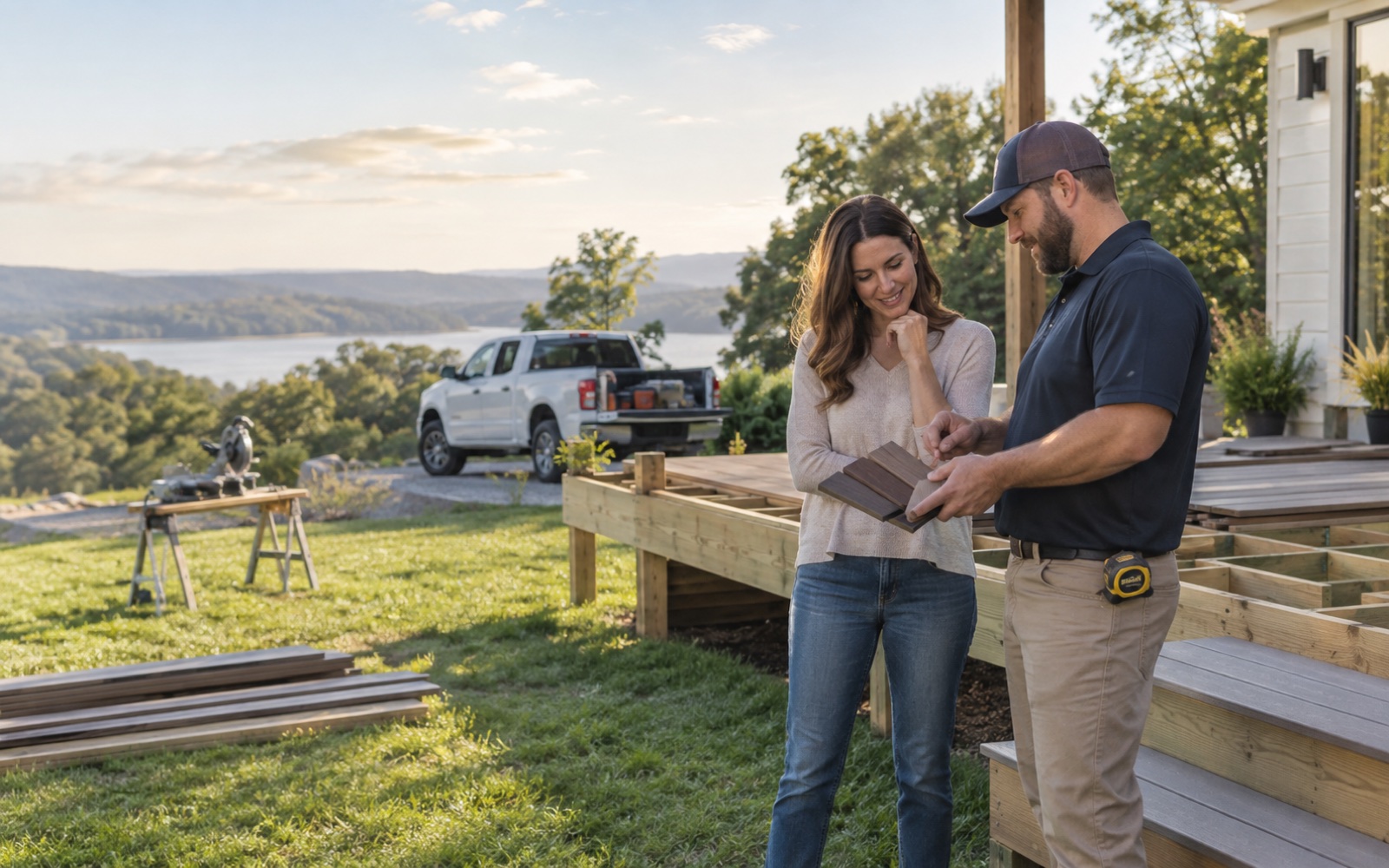 Deck builder meeting a homeowner beside a backyard deck project