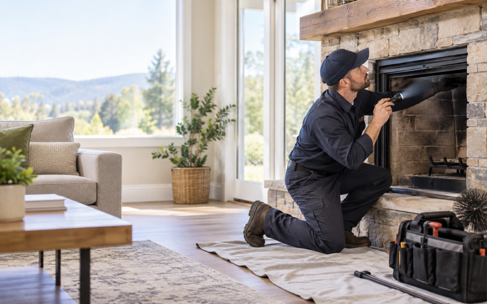 Chimney technician inspecting a residential fireplace