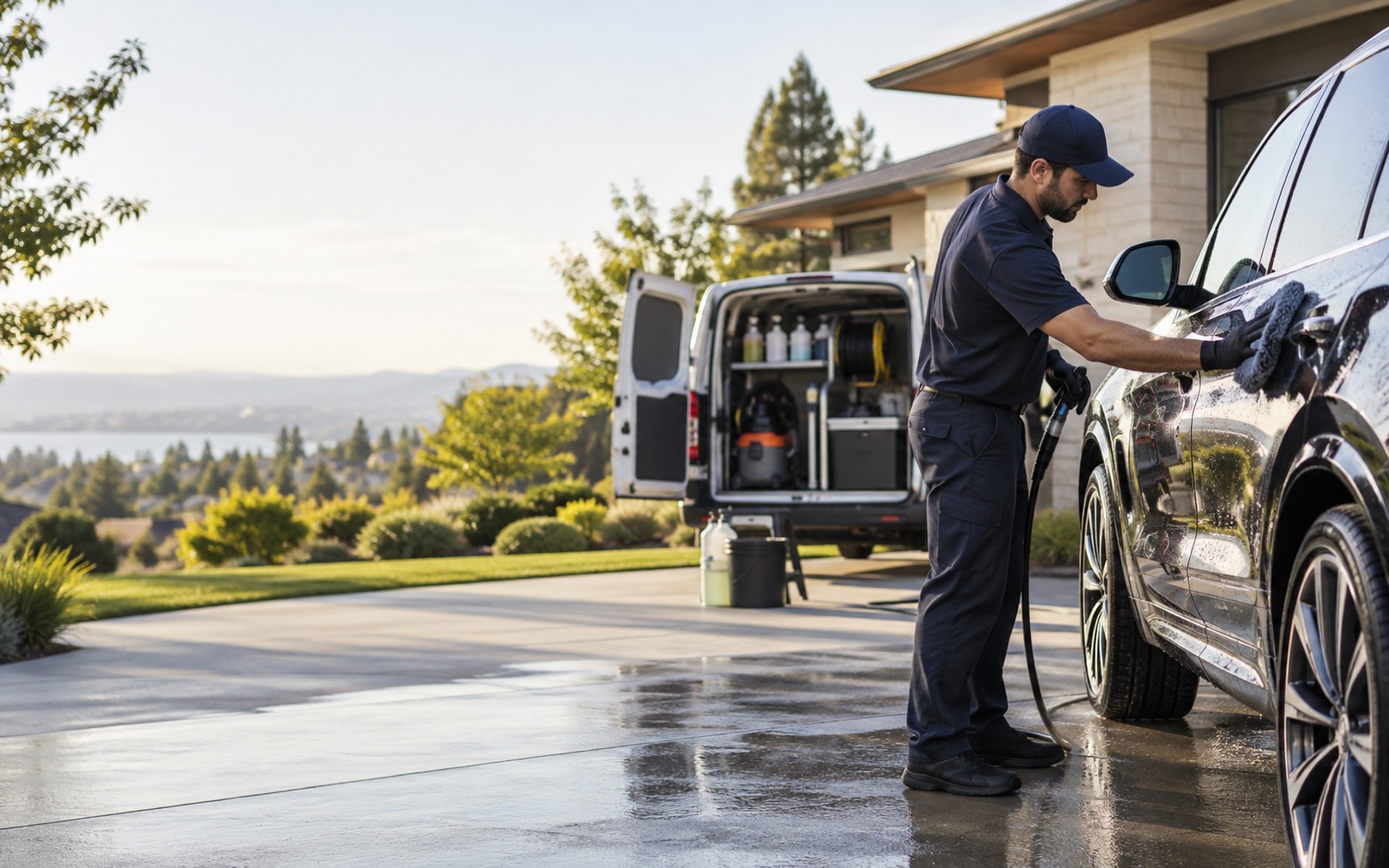 Mobile auto detailer working beside an organized service van