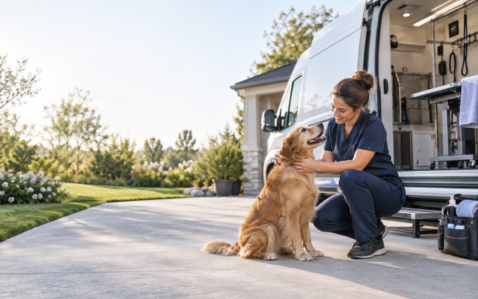 Mobile pet groomer greeting a dog beside a grooming van