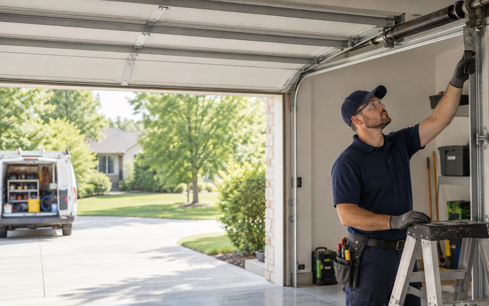 Garage door technician inspecting tracks and springs