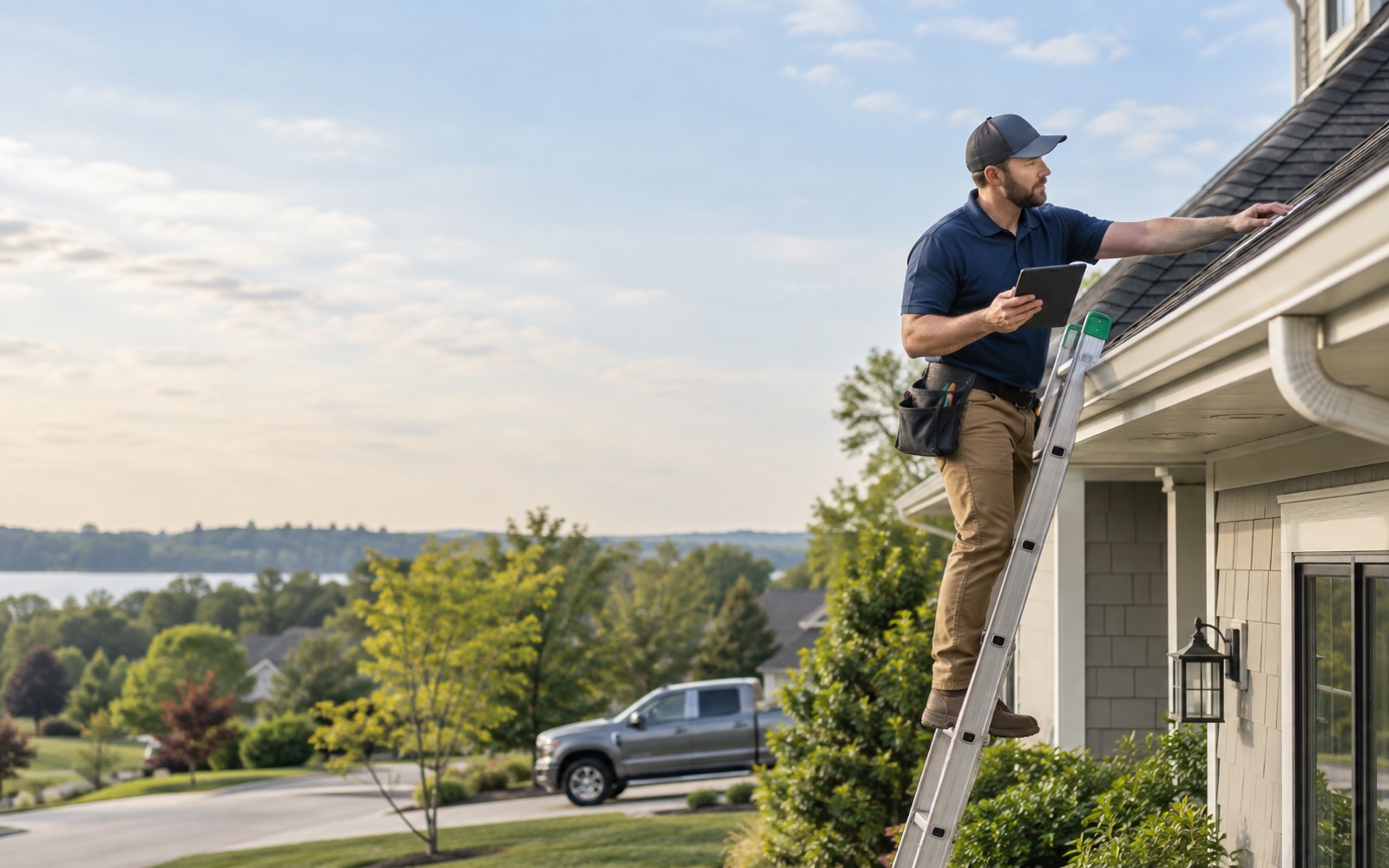 Roofing estimator safely documenting a residential roof