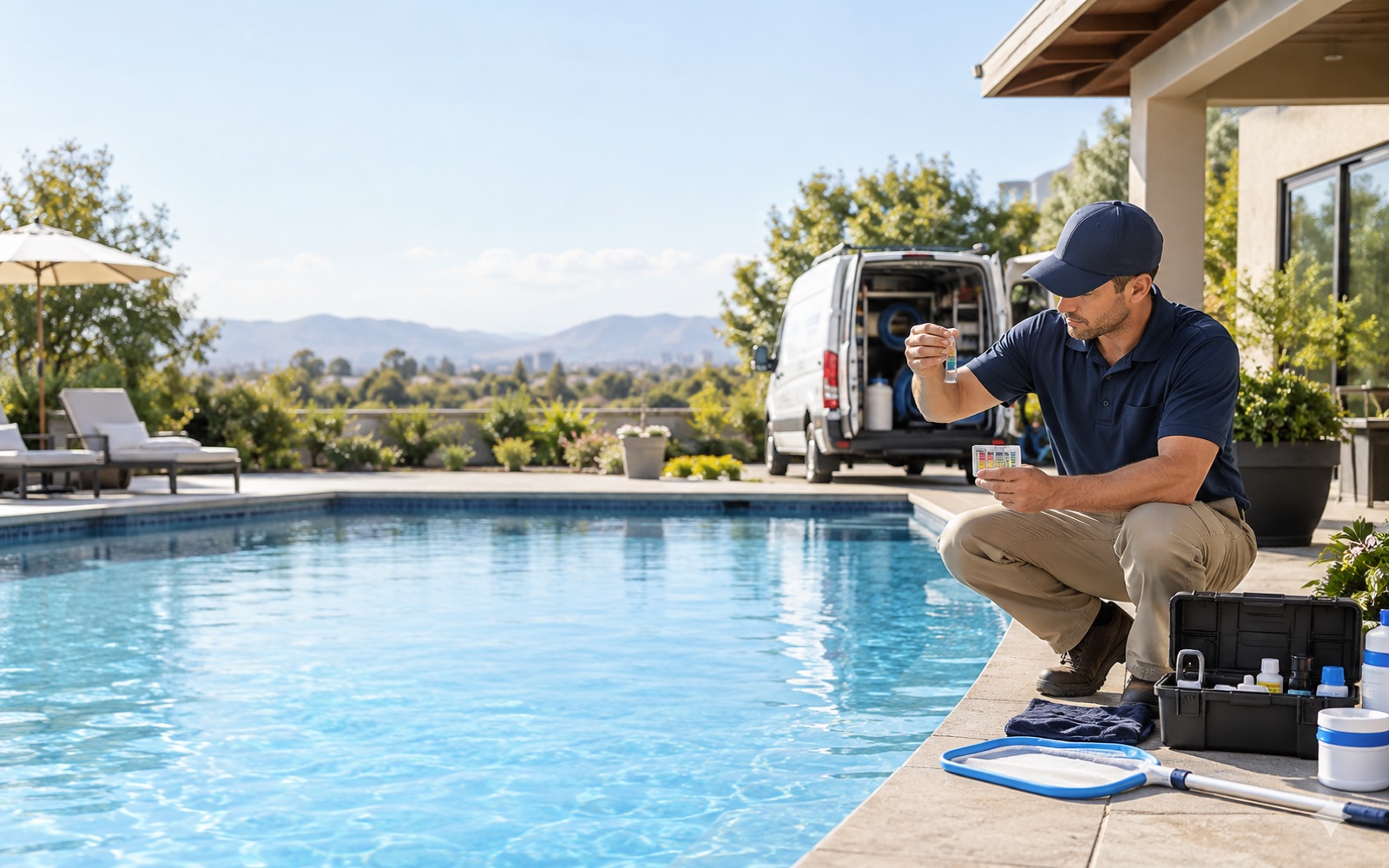 Pool service technician testing residential pool water