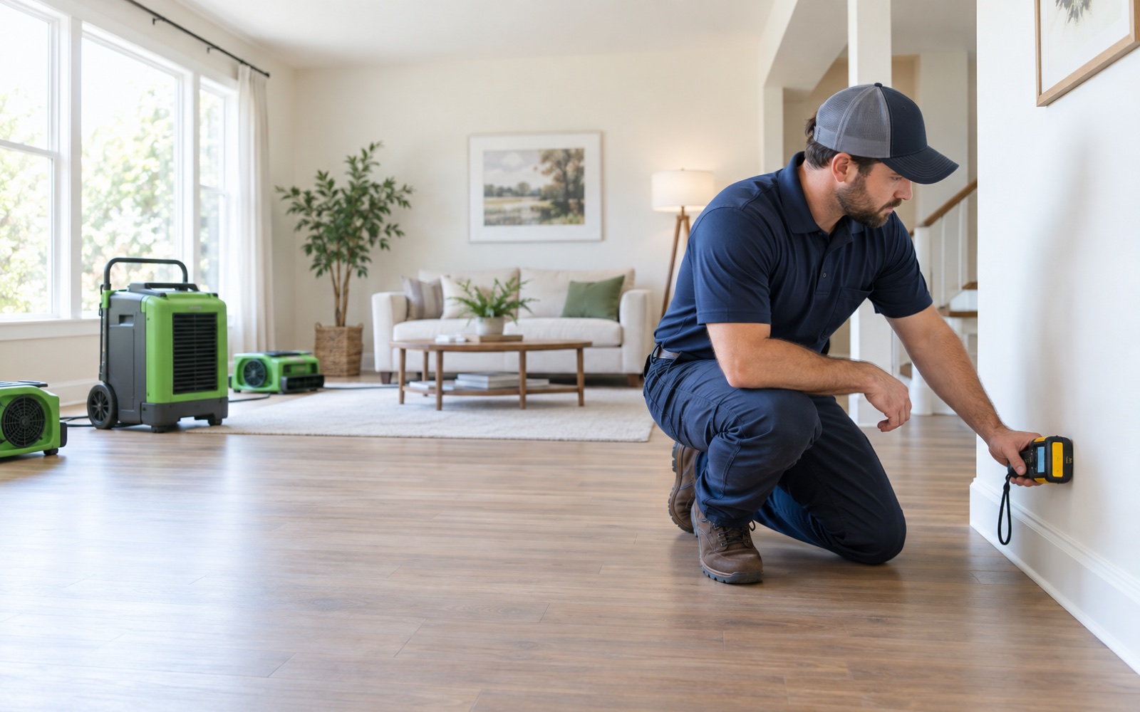 Restoration technician measuring moisture in a residential room