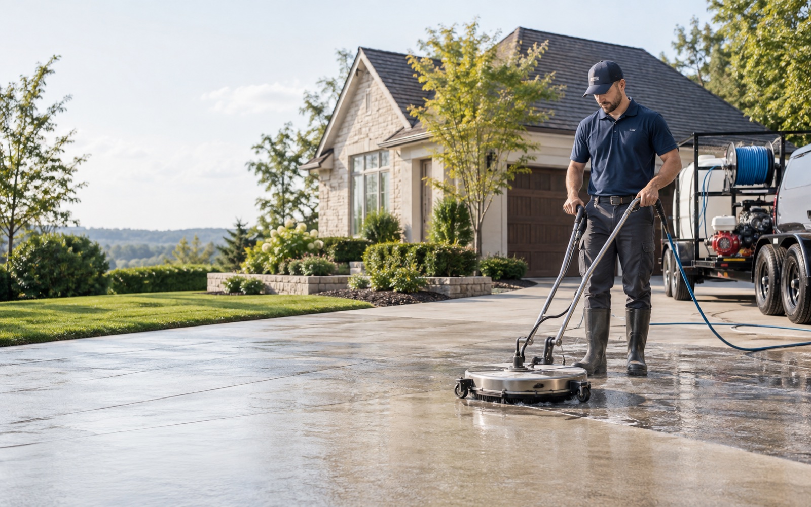 Pressure-washing technician cleaning a residential driveway