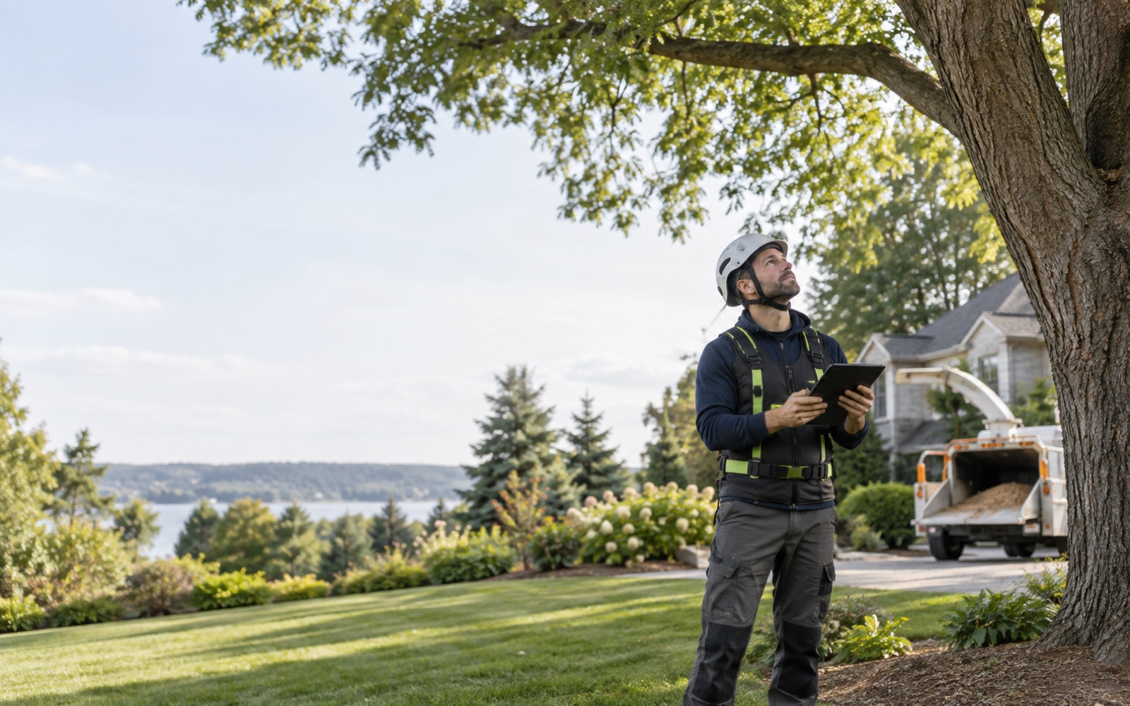 Arborist assessing a mature residential tree