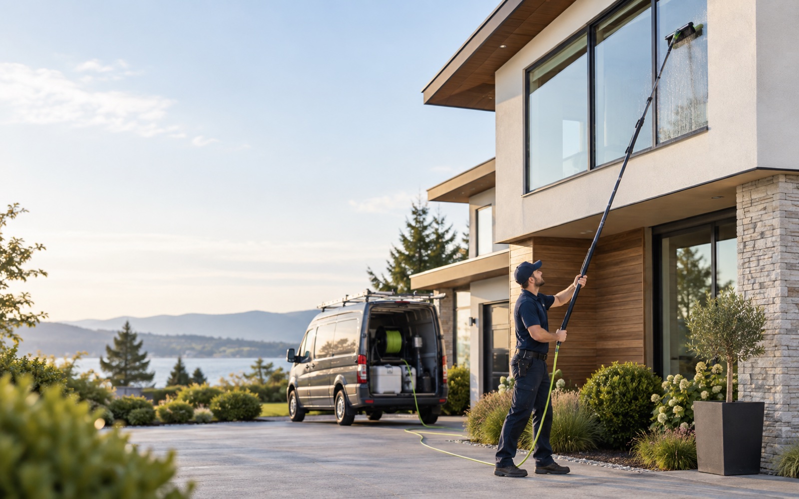 Professional window cleaner working on a modern home