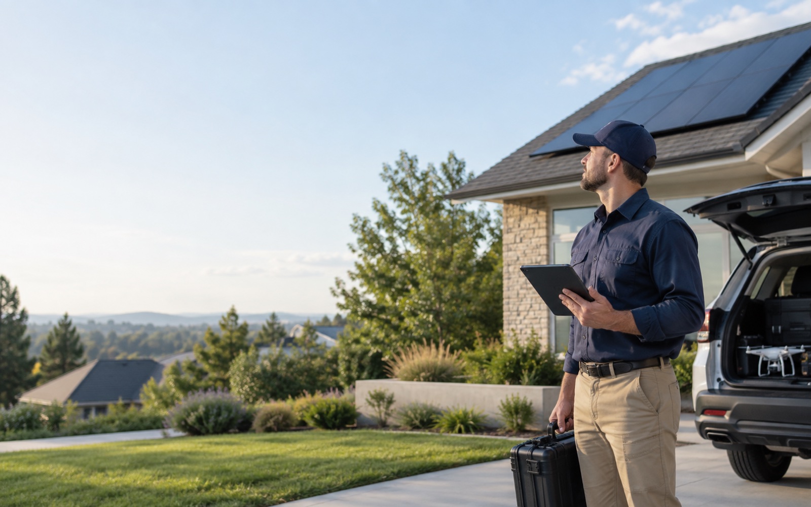Solar consultant assessing a residential roofline with a tablet