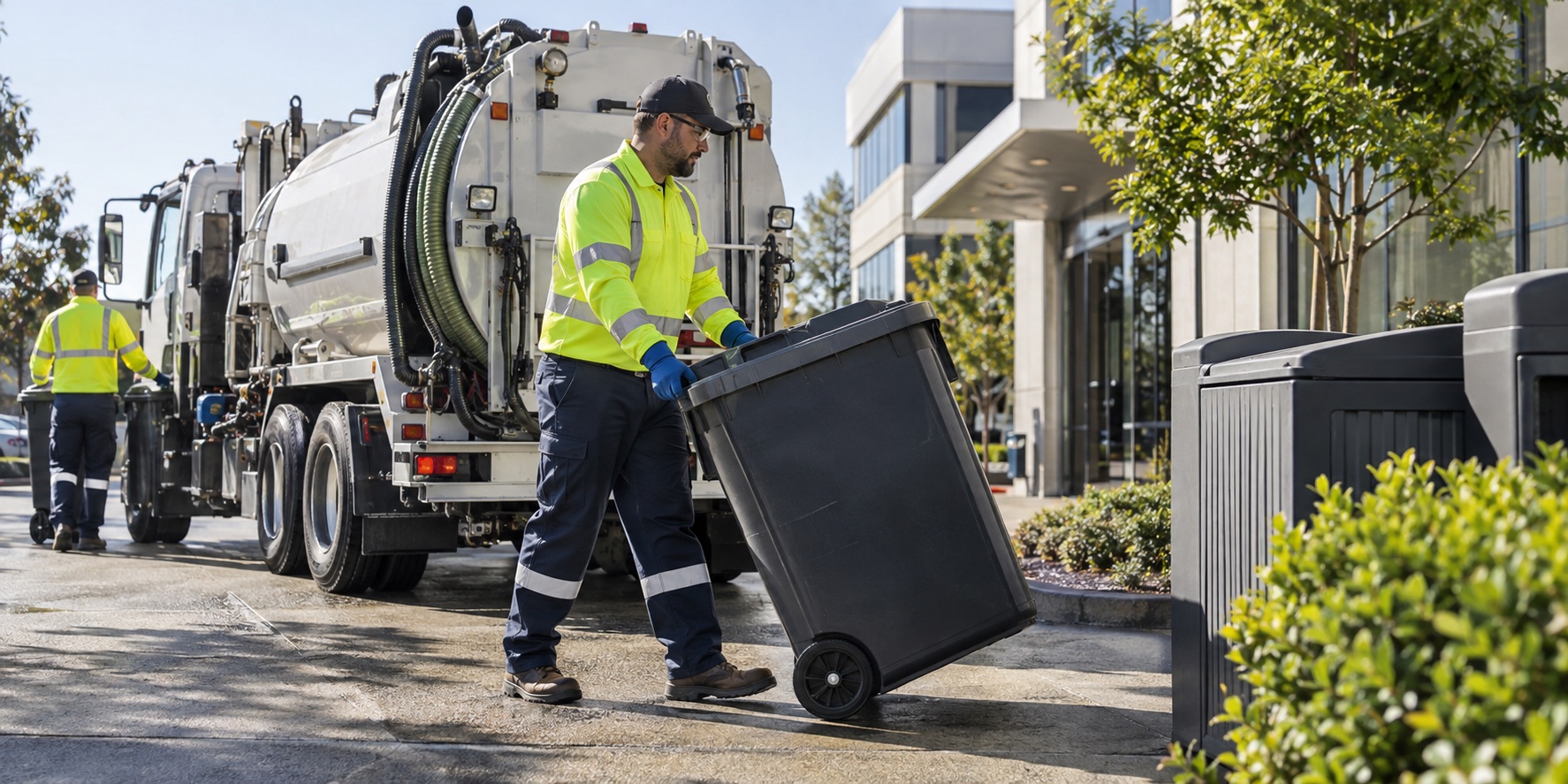 Waste and portable-service route crew working at a commercial property