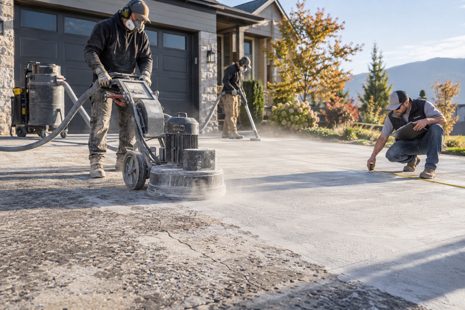 Concrete resurfacing crew grinding and measuring a residential driveway