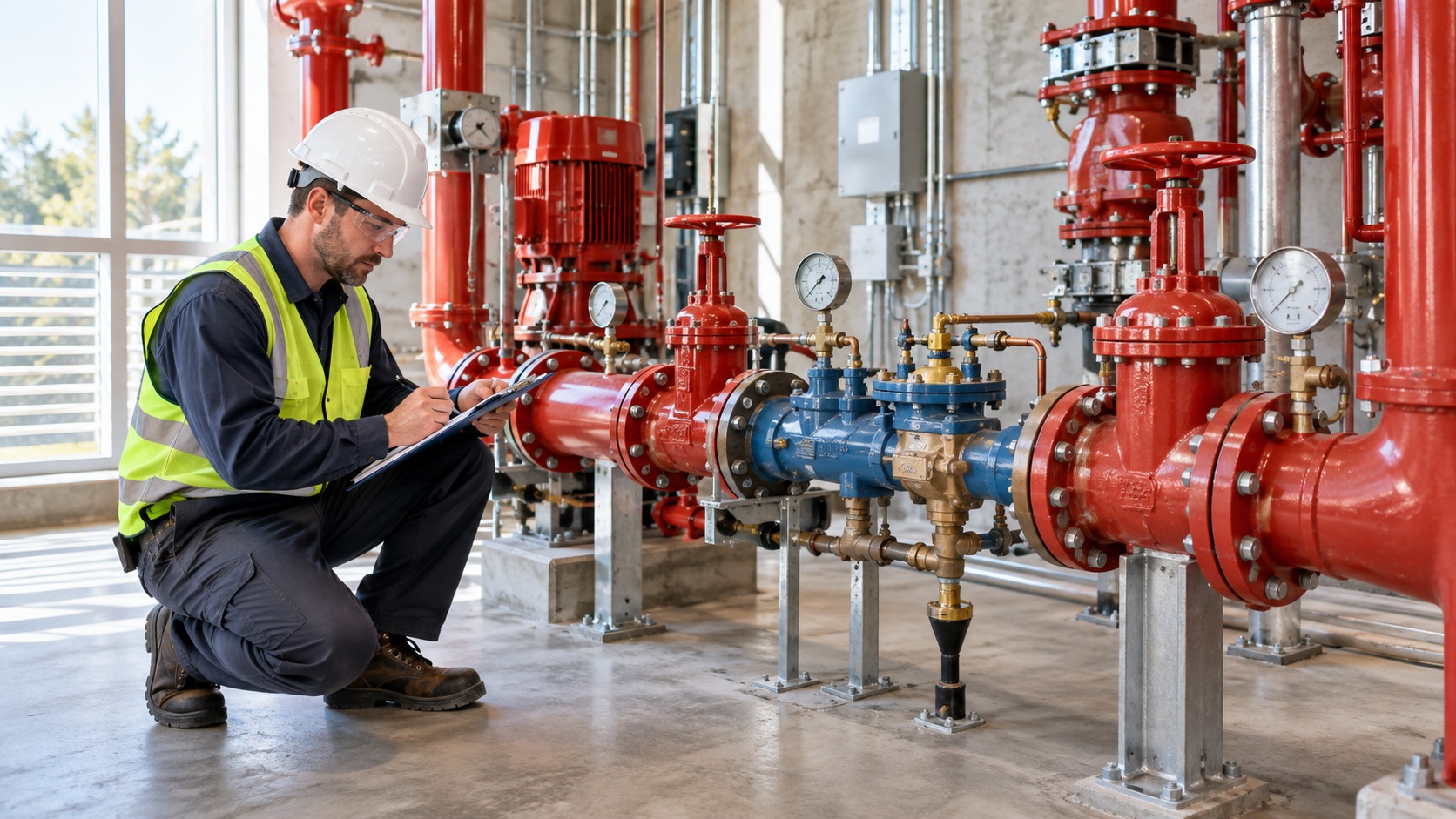 Commercial specialty technician inspecting mechanical and fire protection equipment