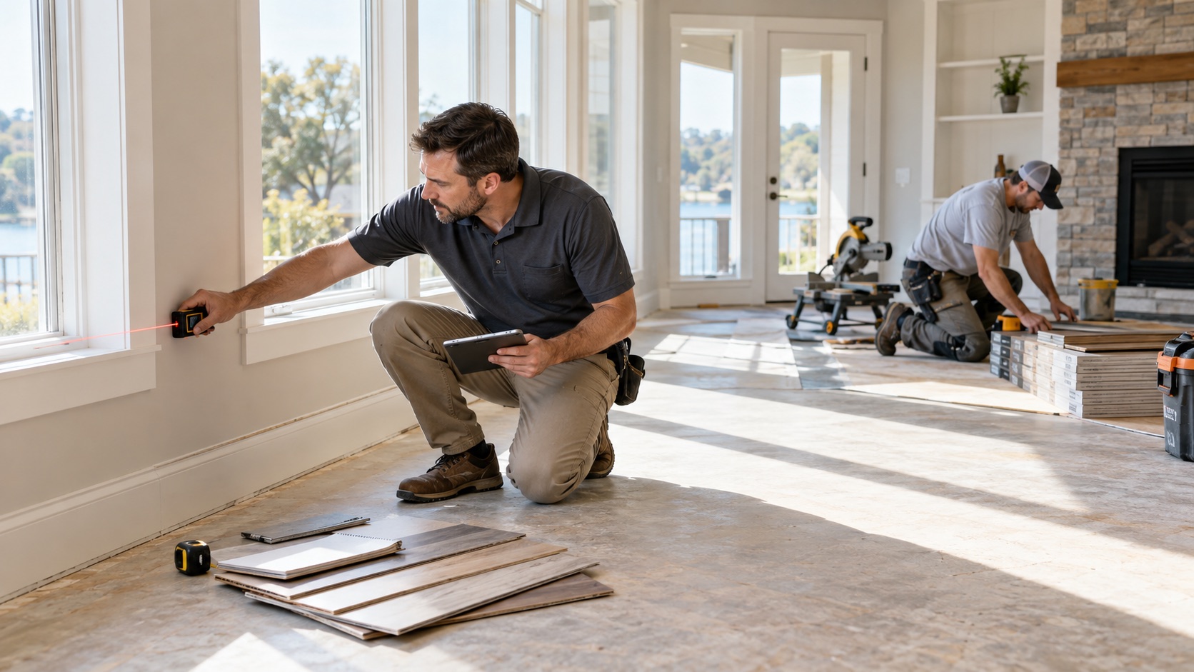 Flooring estimator measuring a residential room with flooring samples nearby