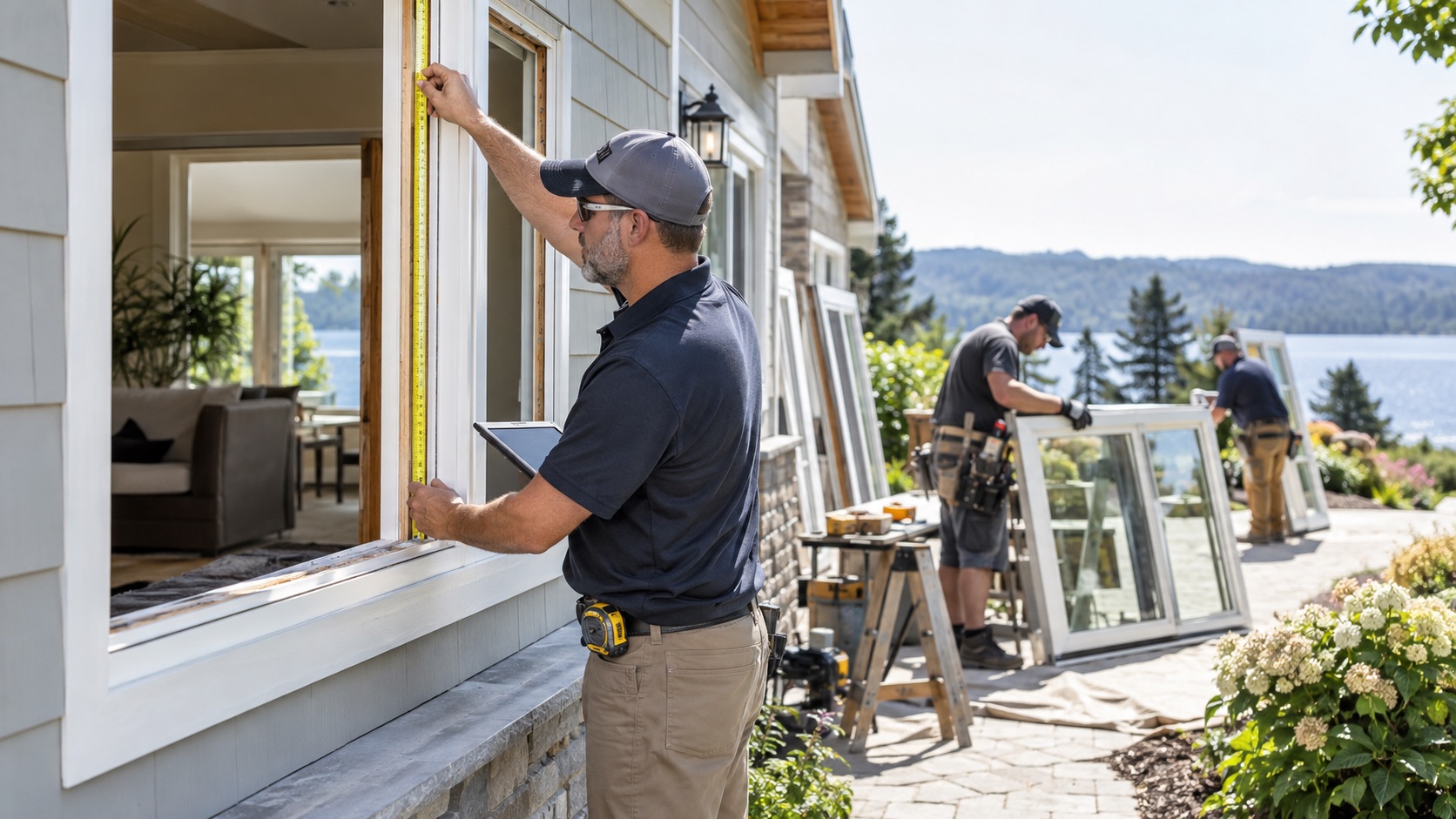 Window and door estimator measuring a residential opening during an installation project