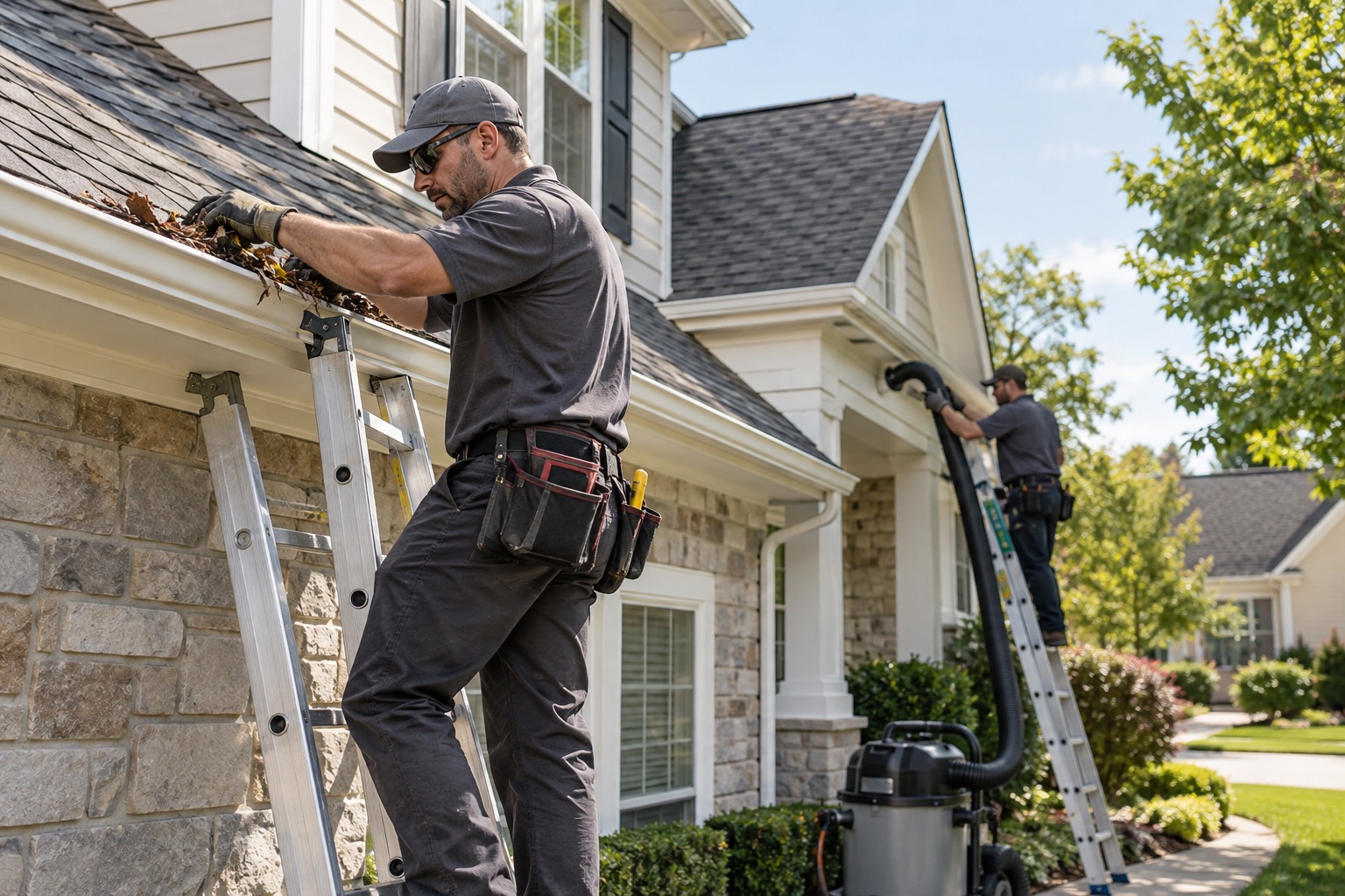 Gutter service professional working at a residential home