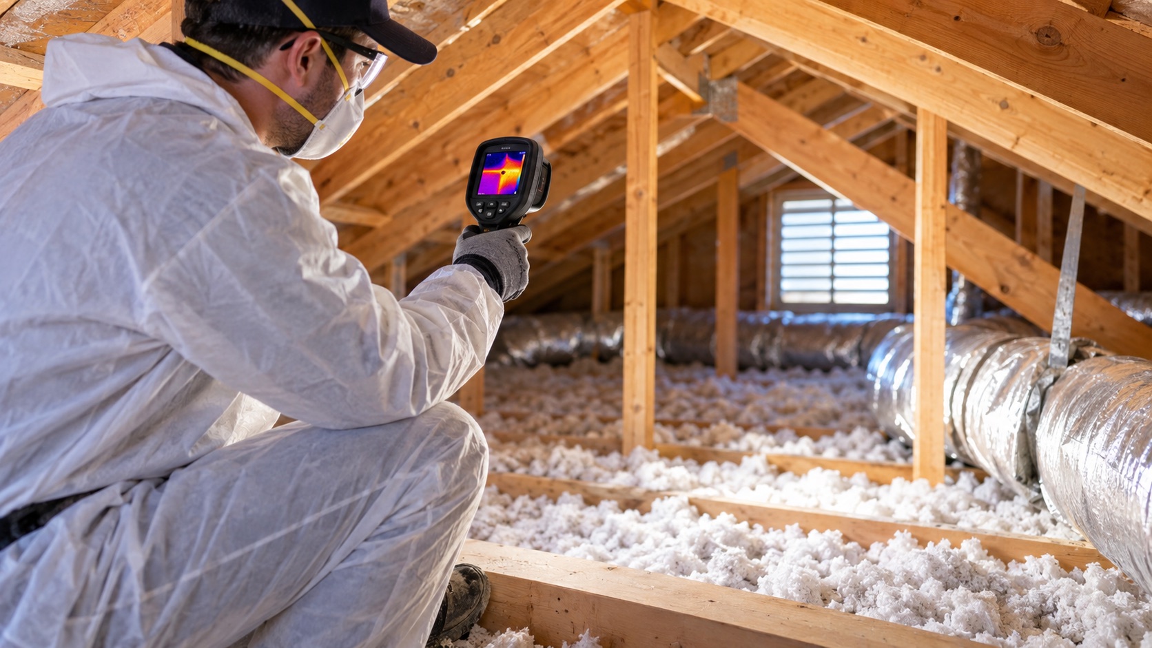 Insulation contractor performing a residential attic energy assessment